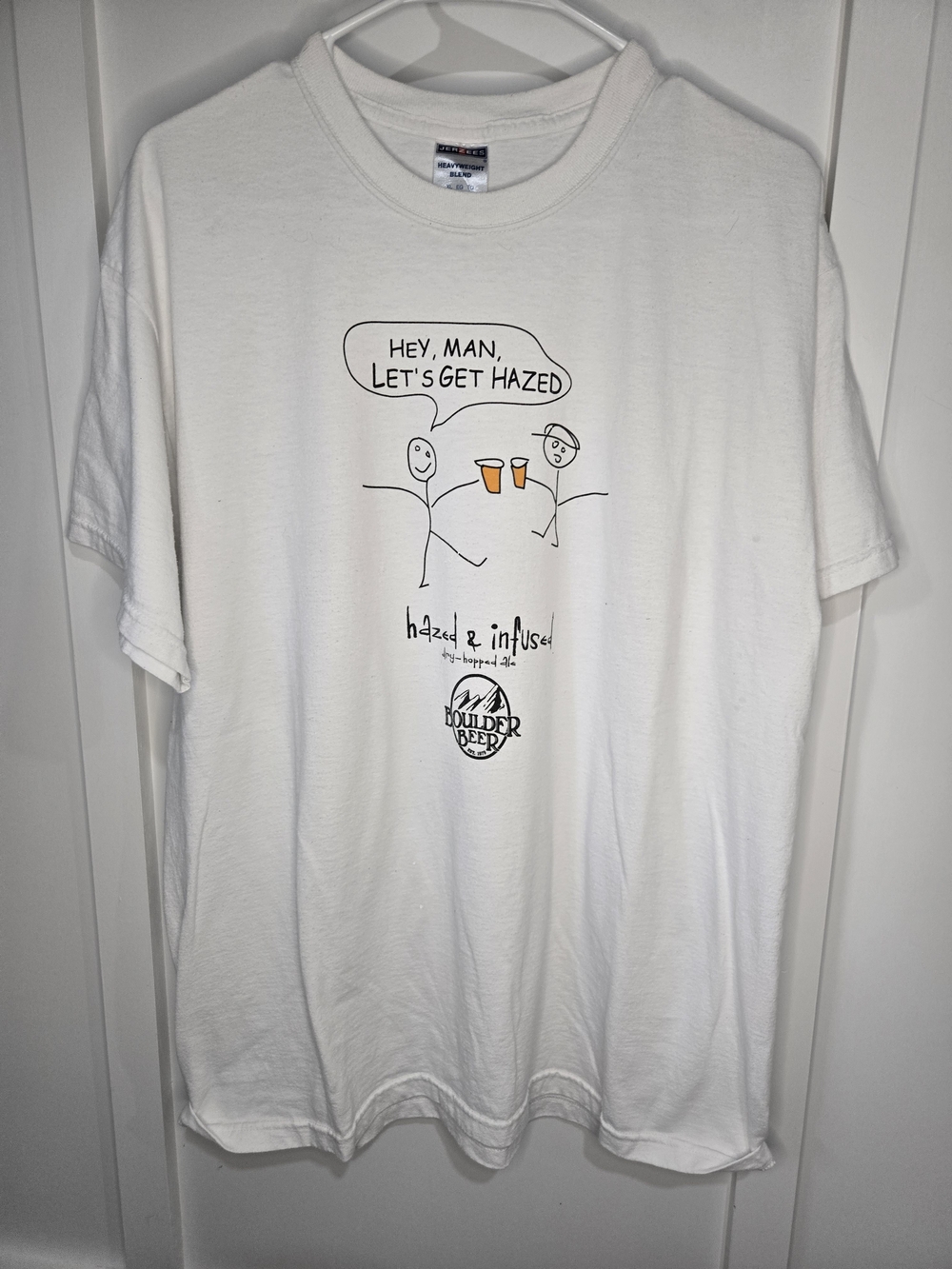 Jerzees White Short-Sleeve Graphic Tee with Orange Beer Illustration